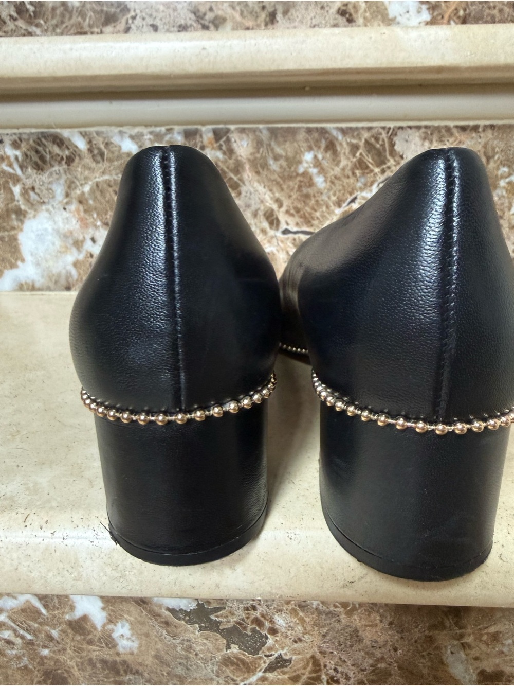 Coach Black Pointed Low Block Heel Pumps with Gold Stud Trim - Picture 7 of 16